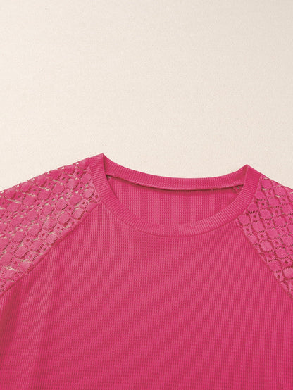 Strawberry Pink Plus Size Contrast Lace Sleeve Waffle Knit Top