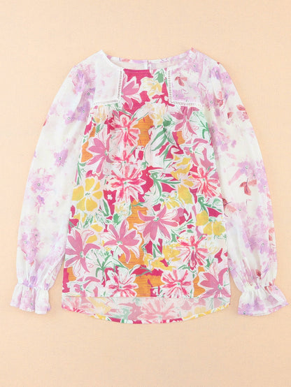 Elegant Purple Floral Lace Trim Shift Blouse