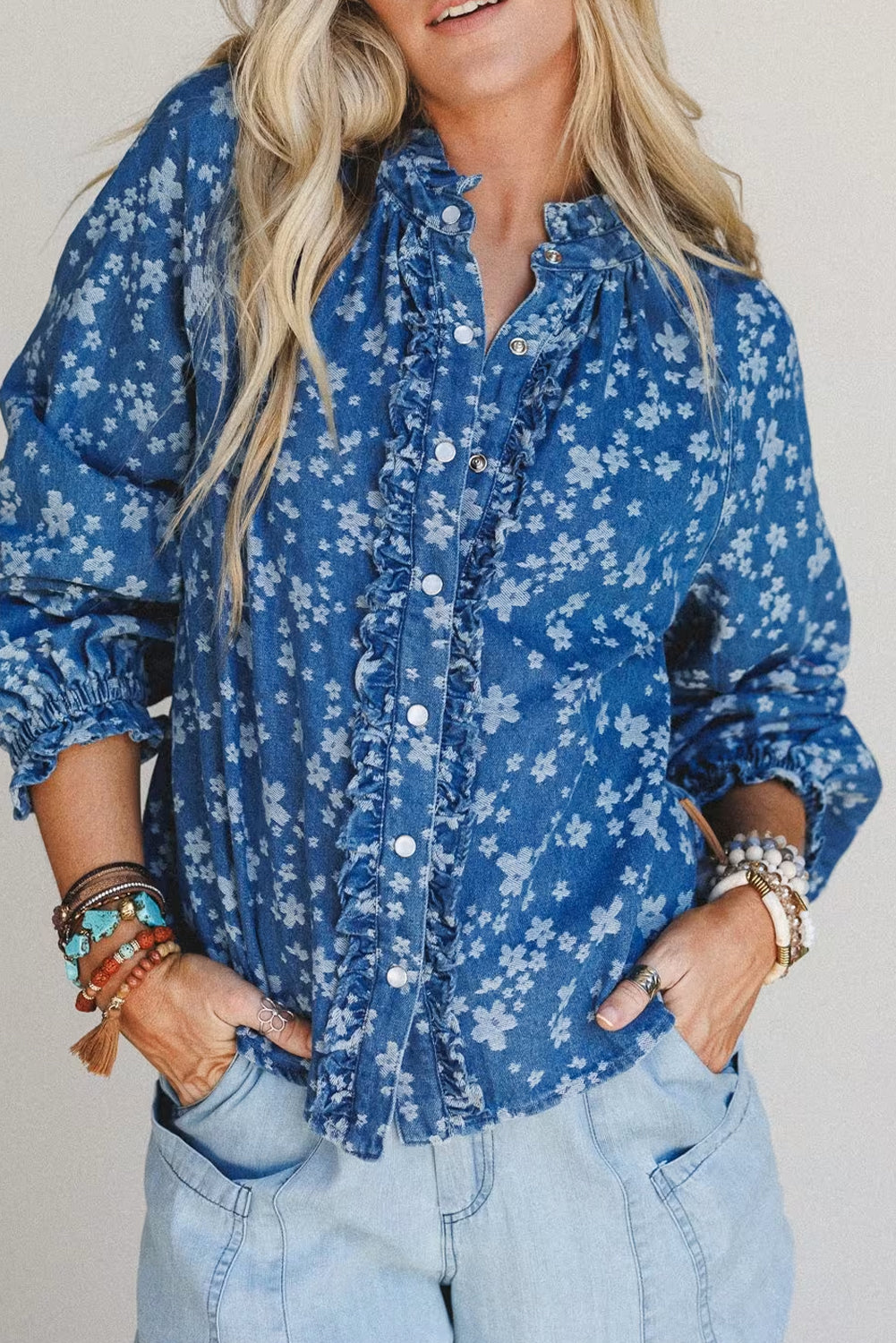 Blue Floral Print Frilled Trim Button Down Long Sleeve Denim Shirt