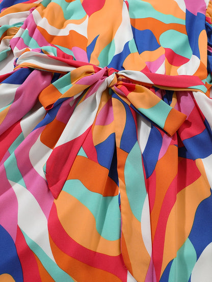 Vibrant Multicolor Abstract Print Plus Size Belted Shift Dress