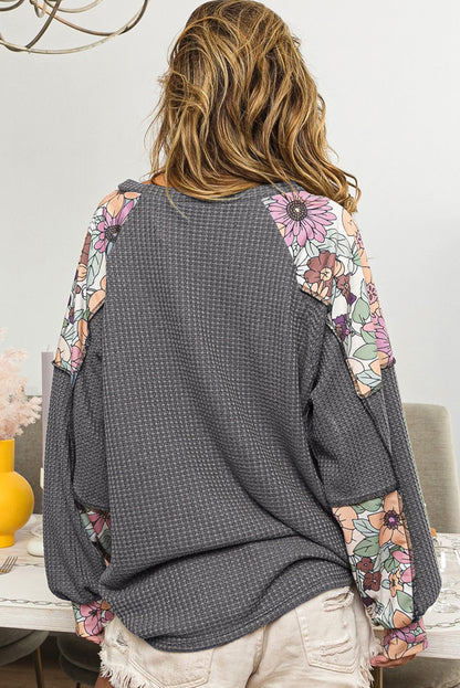 Gray Floral Patchwork Textured Lantern Sleeve Top