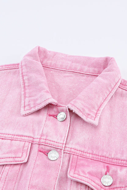 Pink Acid Wash Button Flap Pocket Denim Jacket