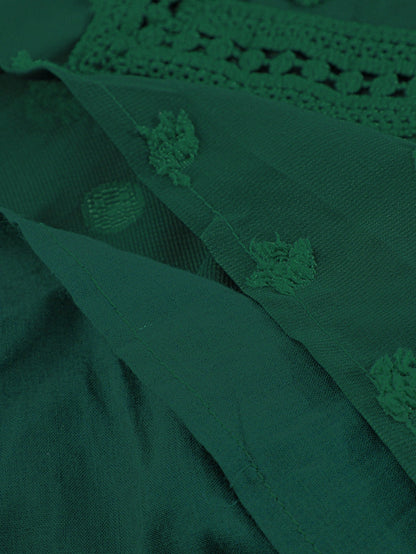 Green Polka Dot Lace Ruffle Split Neck Puff Sleeve Blouse