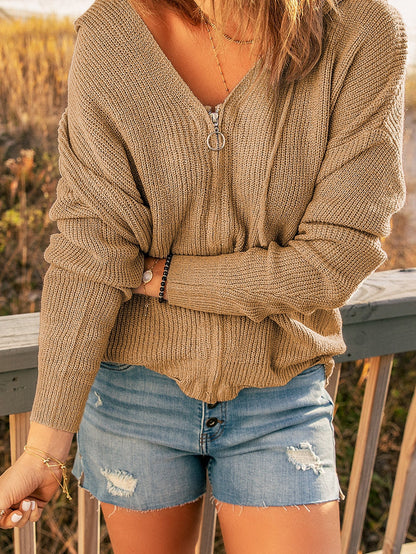 Khaki Hooded V-neck Zip-Up Solid Sweater with Dropped Sleeves