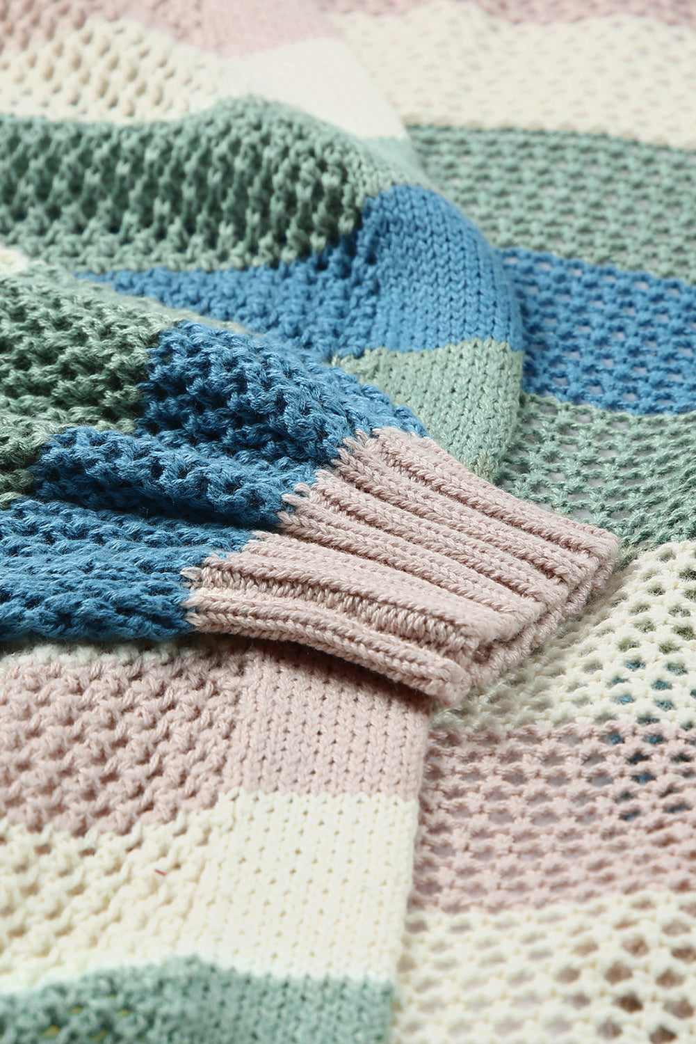 Green Hollowed Knit Color Block Striped Cardigan for Fall