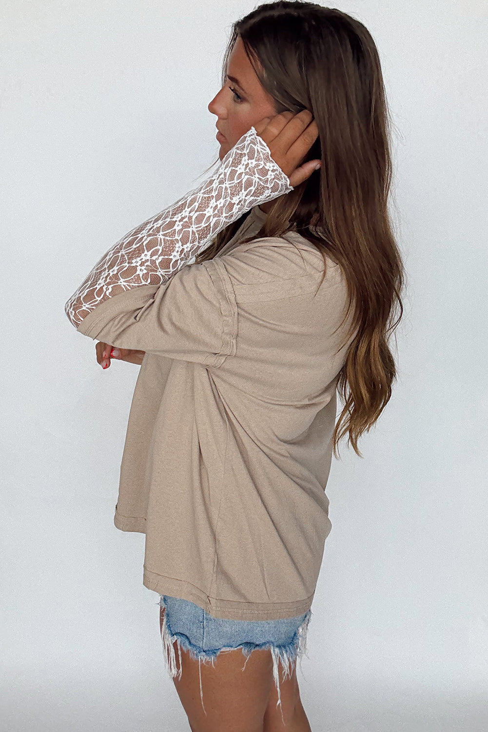 Parchment Raw Hem Detail Lace Patchwork Long Sleeve Tee