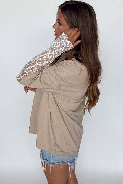 Parchment Raw Hem Detail Lace Patchwork Long Sleeve Tee