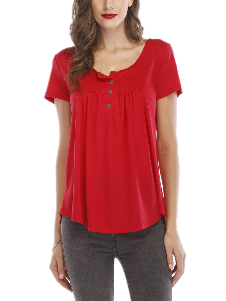 T-Shirts - Trade Pleated Button Loose Short-Sleeved T-Shirt - MsDressly