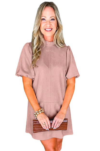 Sepia Rose Frilled Round Neck Short Puff Sleeve Shift Mini Dress