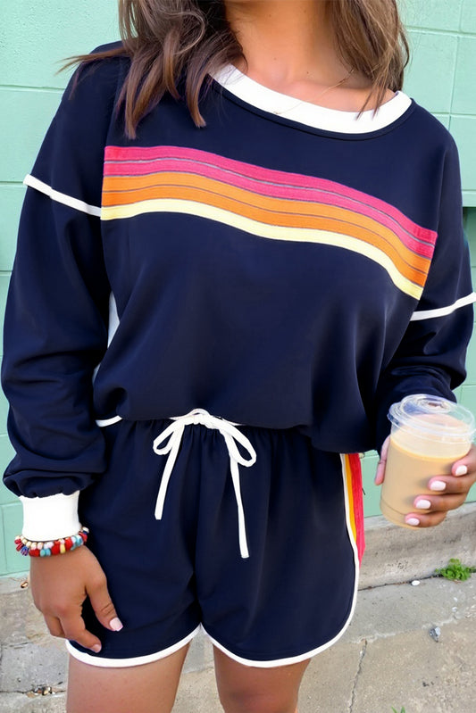Bluing Colorful Striped Accent Varsity Long Sleeve Pullover and Shorts Matching Set