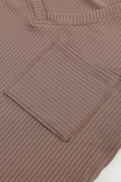 Khaki Ribbed V Neck Top with Chest Pocket
