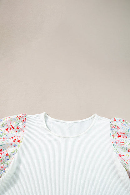 White Contrast Floral Puff Sleeve Ribbed Knit Plus Size Blouse