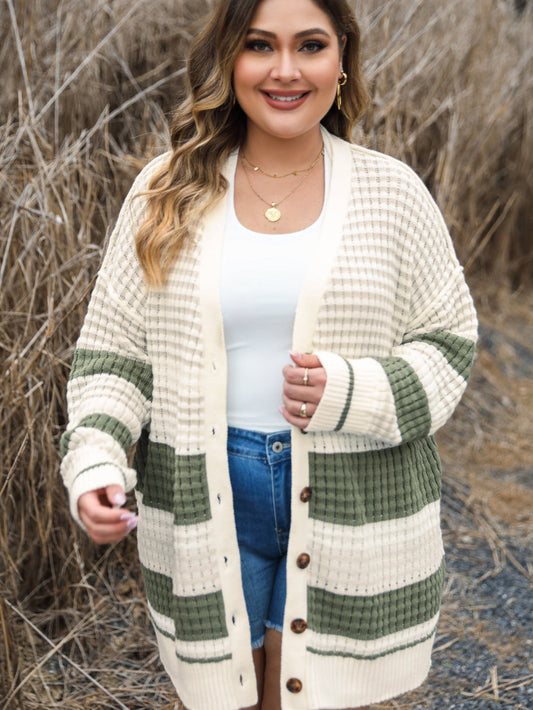 White Plus Size Color Block Cable Knit Buttoned Cardigan
