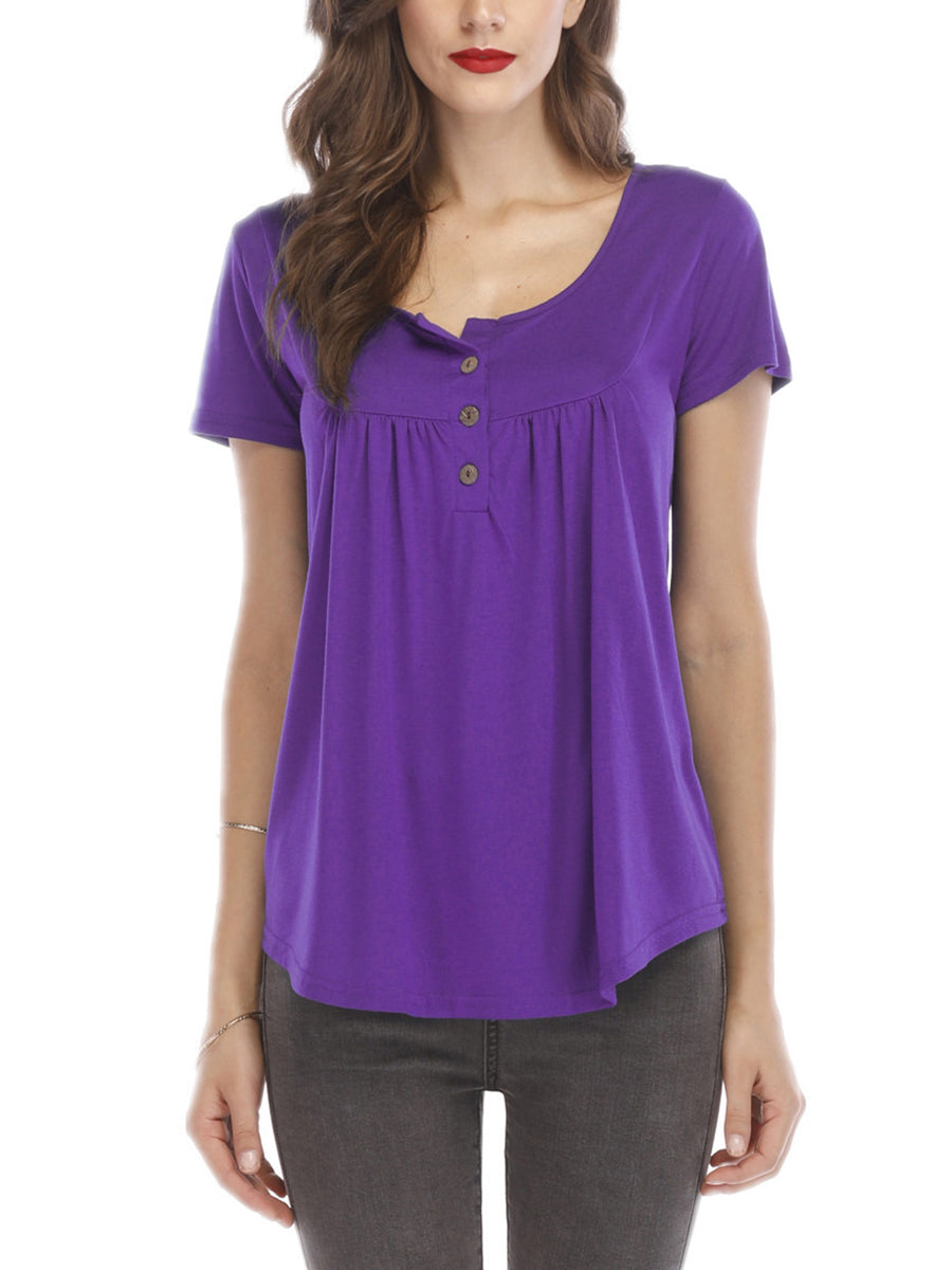 T-Shirts - Trade Pleated Button Loose Short-Sleeved T-Shirt - MsDressly