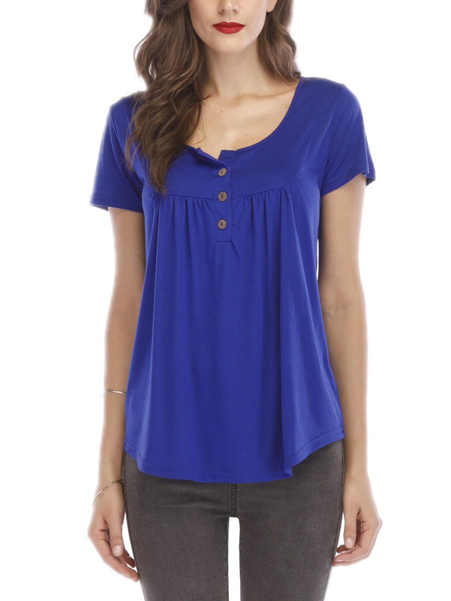 T-Shirts - Trade Pleated Button Loose Short-Sleeved T-Shirt - MsDressly