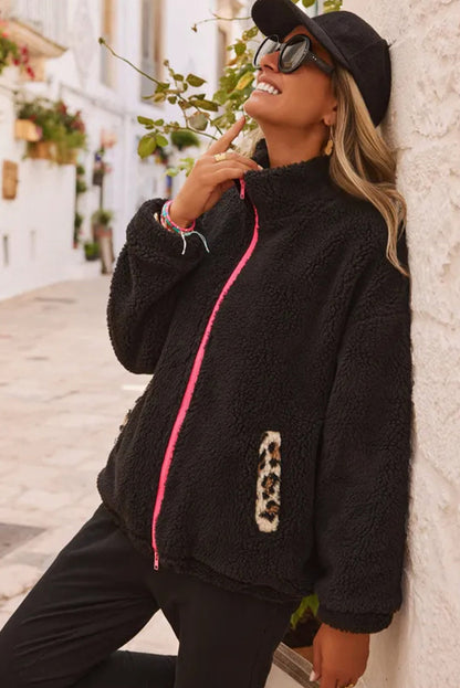 Black Fuzzy Contrast Trim Full Zip Sherpa Jacket with Pockets