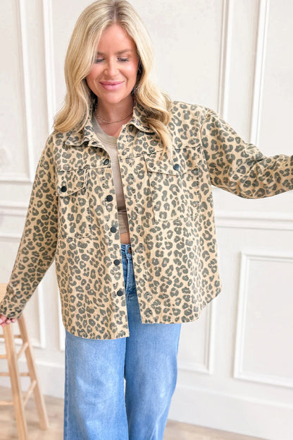 Khaki Leopard Print Collared Button Flap Pocket Womens Shacket