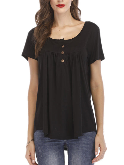 T-Shirts - Trade Pleated Button Loose Short-Sleeved T-Shirt - MsDressly