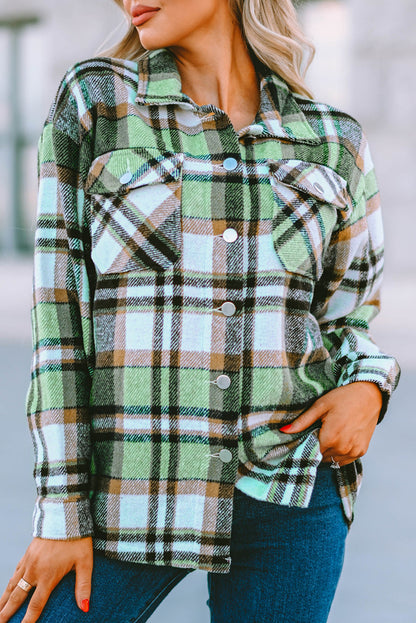 Green Plaid Print Shacket with Pockets
