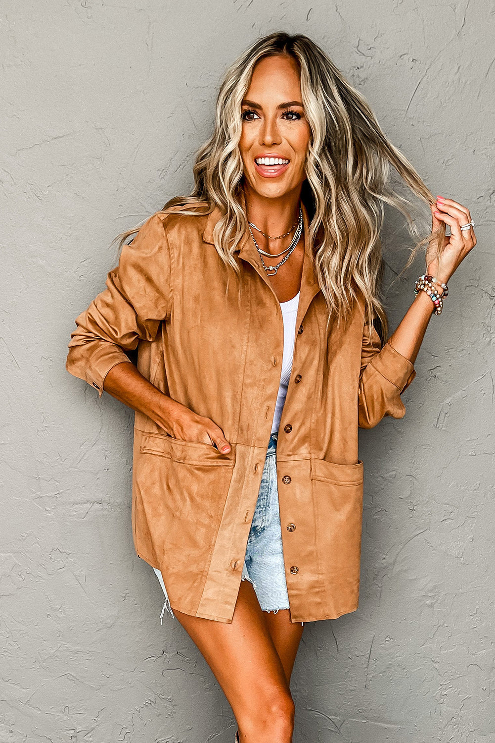Faux Suede Camel Button-Up Jacket with Southern Belle Style