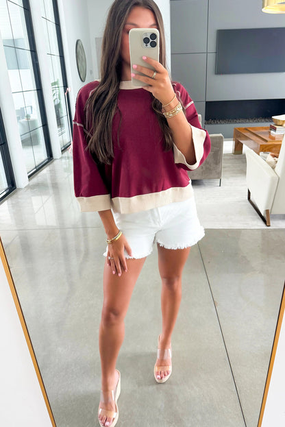 Red Dahlia Color Block Exposed Seam Patchwork 3/4 Sleeve Baggy Sweatshirt