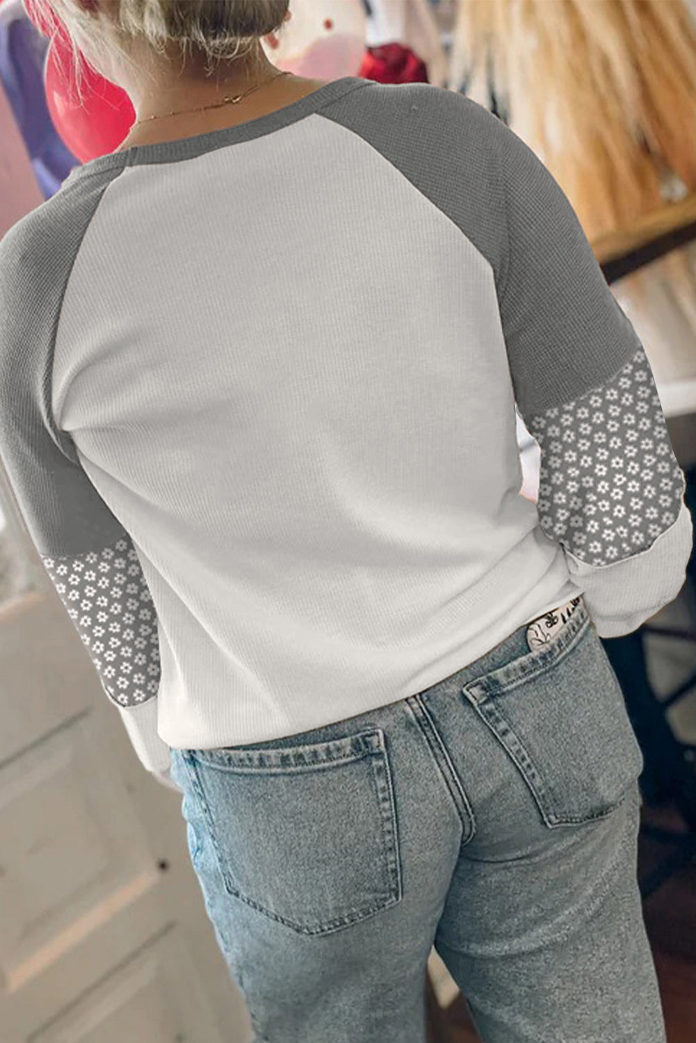 Gray Floral Print Patchwork Color Block Long Sleeve Top