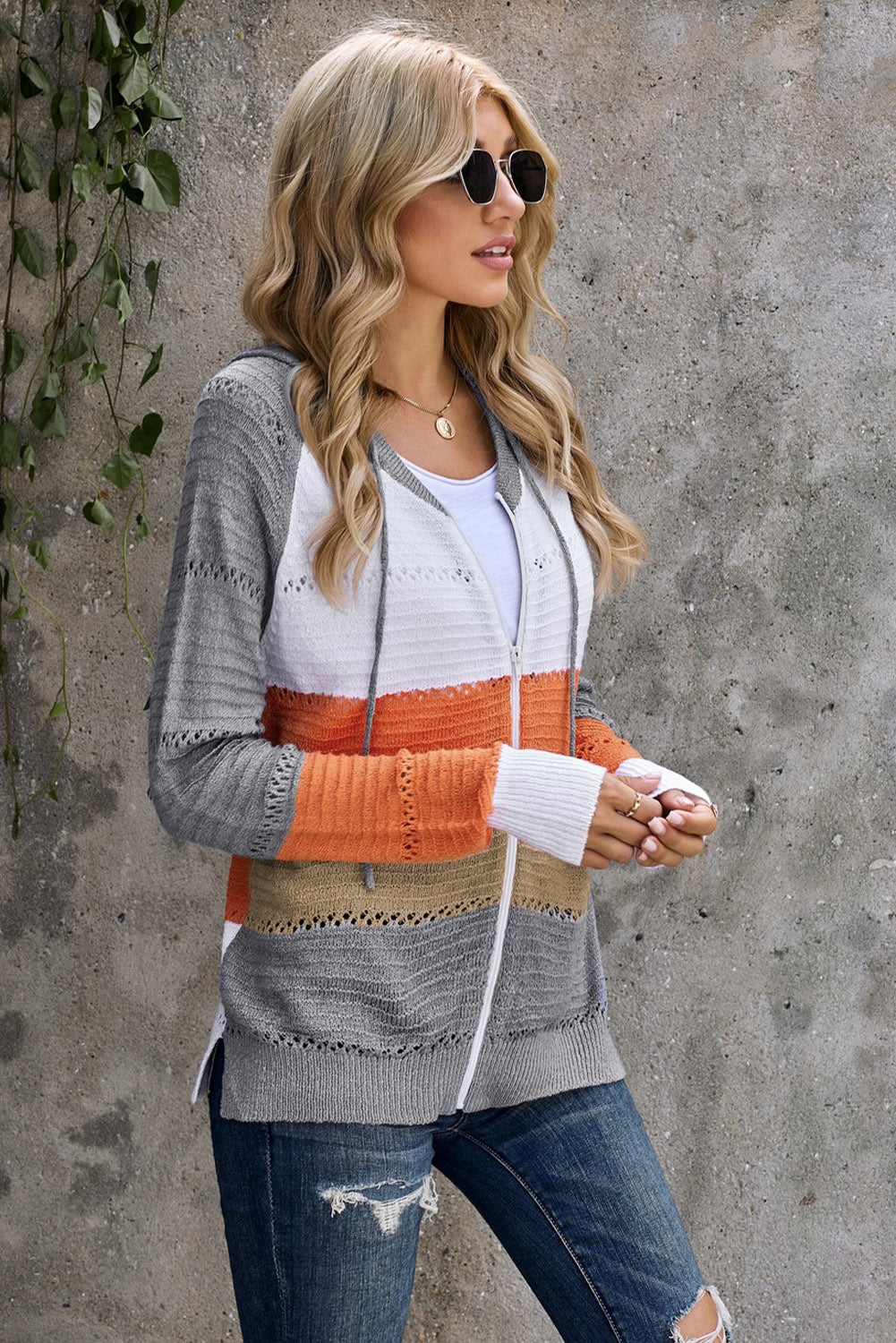 Gray Colorblock Knit Hoodie with Zipper Detail