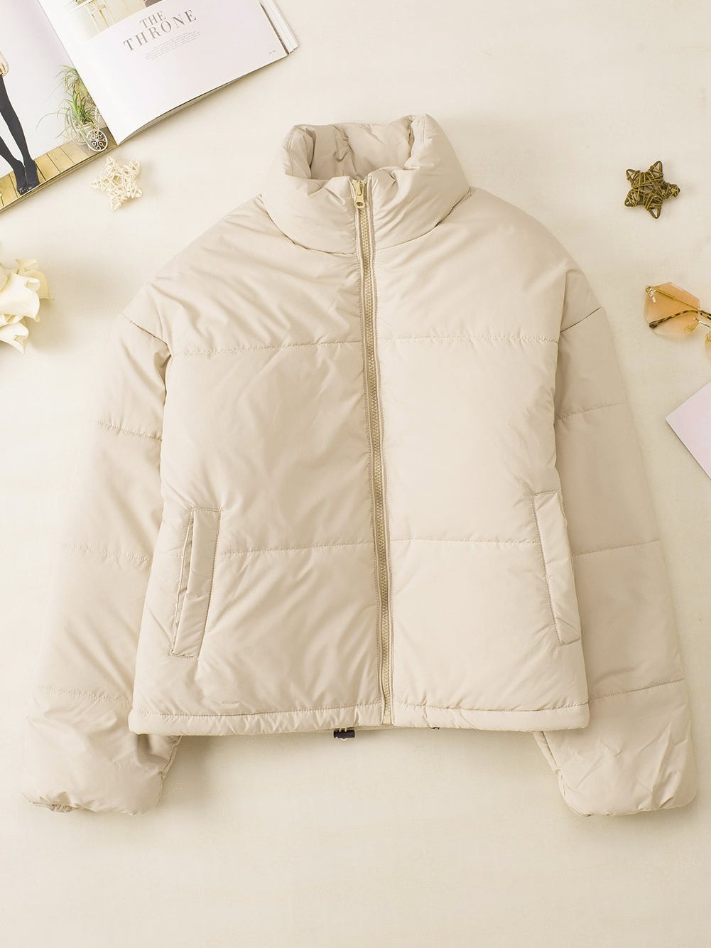 Apricot Quilted Puffer Jacket with Drawstring Hem