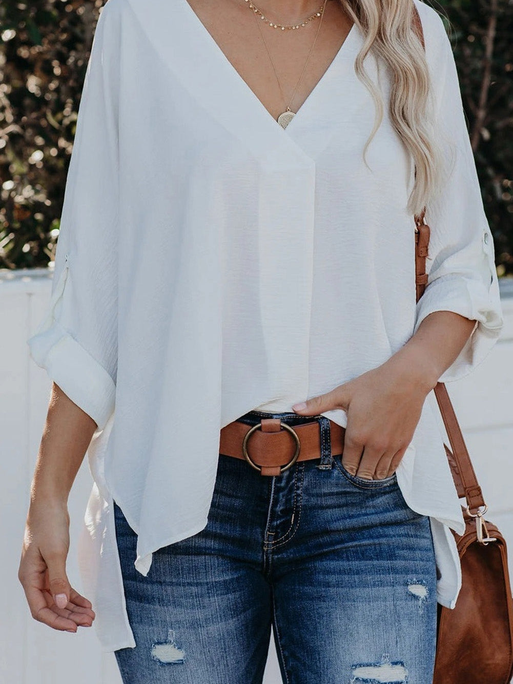 Elegant White V Neck High Low Hem Blouse