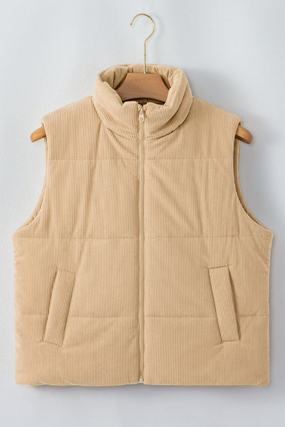 Light French Beige Corduroy Stand Neck Zipped Puffer Vest