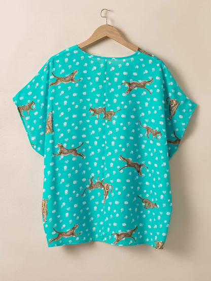 Green Cheetah Print V Neck Short Sleeve Plus Top