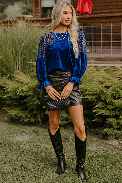 Sky Blue Leopard Patchwork Shoulder Flounce Sleeve Velvet Blouse