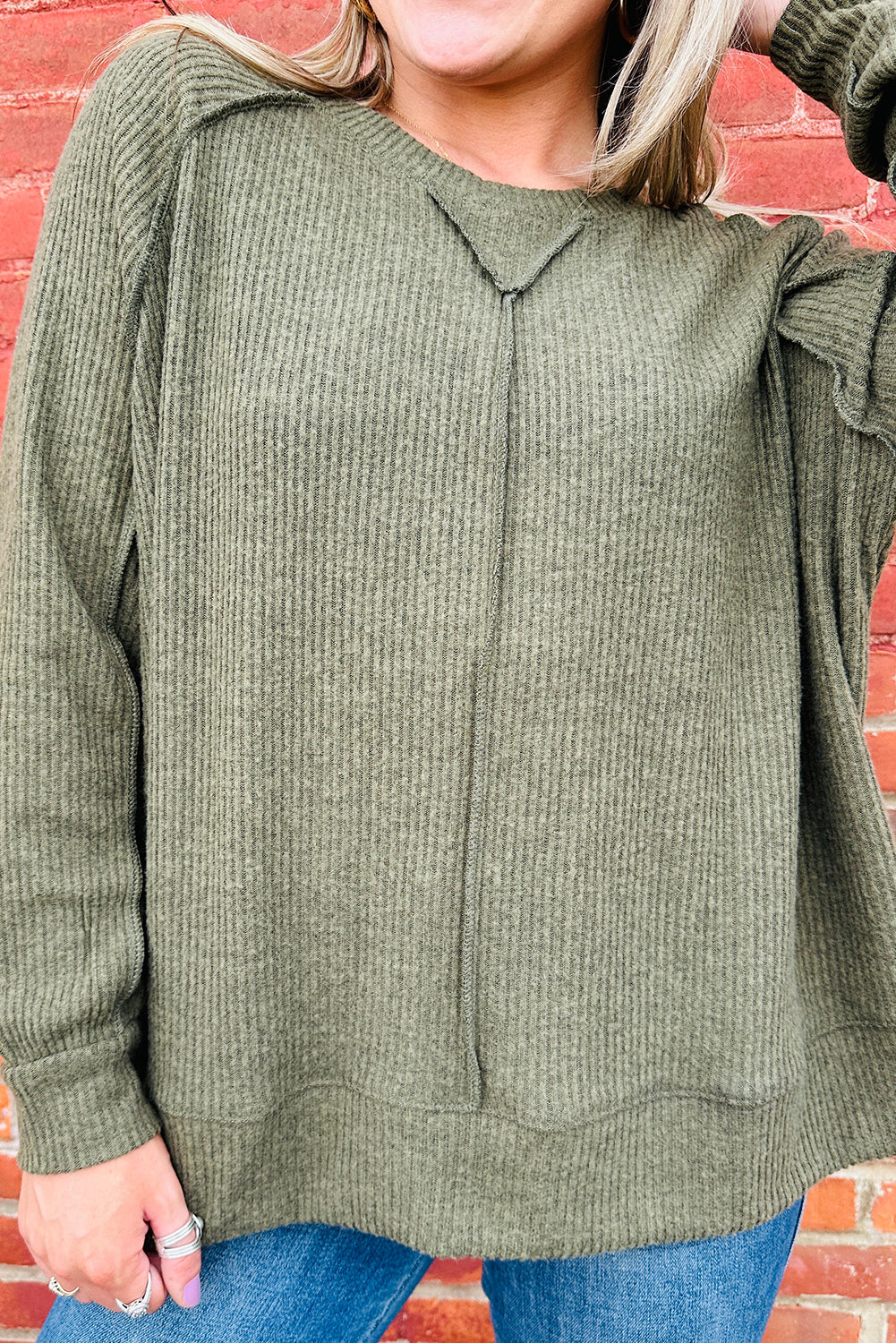 Seagrass Ribbed Knit Exposed Seam Detail Oversize Long Sleeve Top