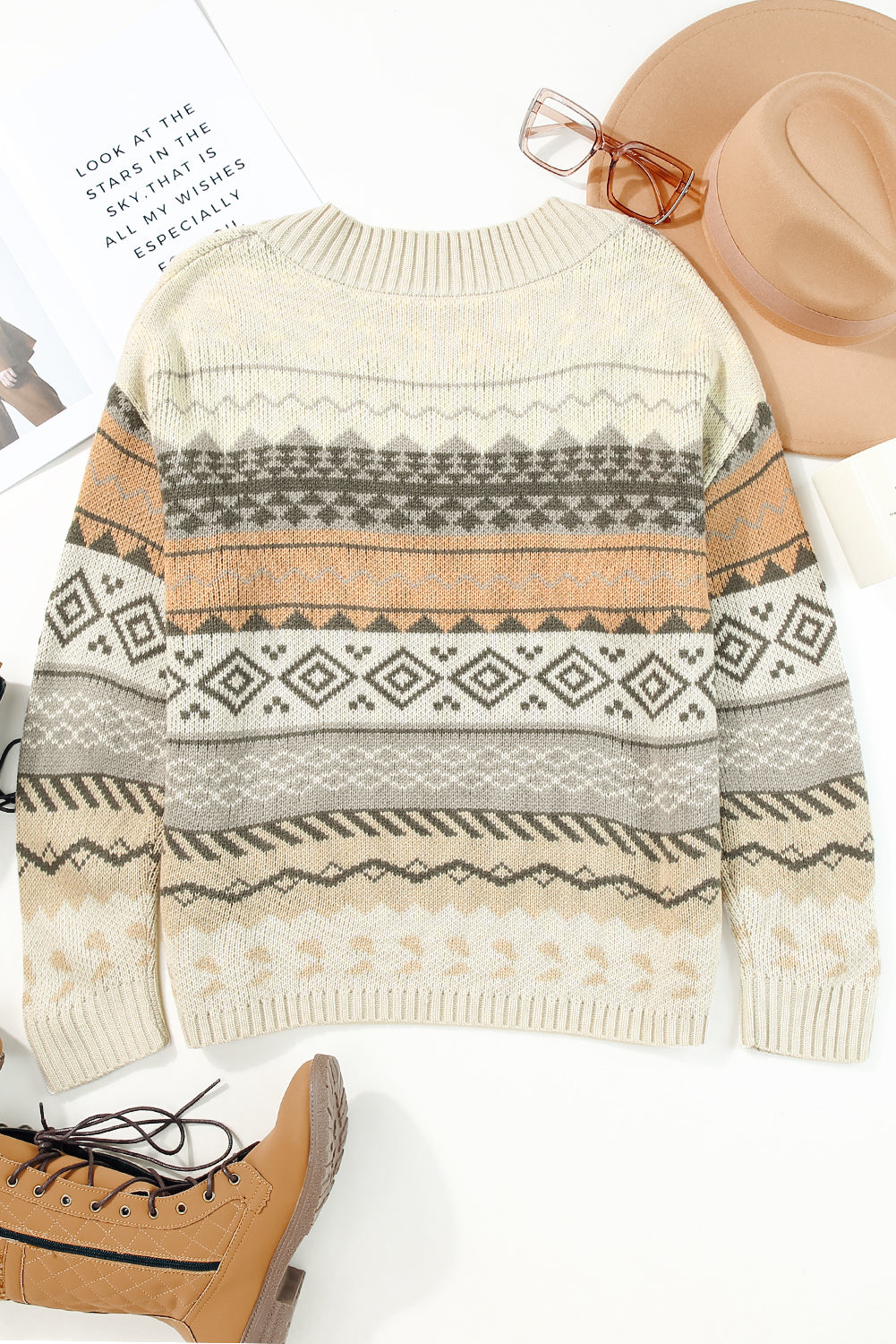 Khaki Aztec Print V Neck Sweater with Ribbed Texture