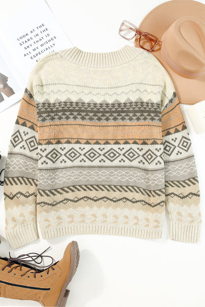 Khaki Aztec Print V Neck Sweater with Ribbed Texture
