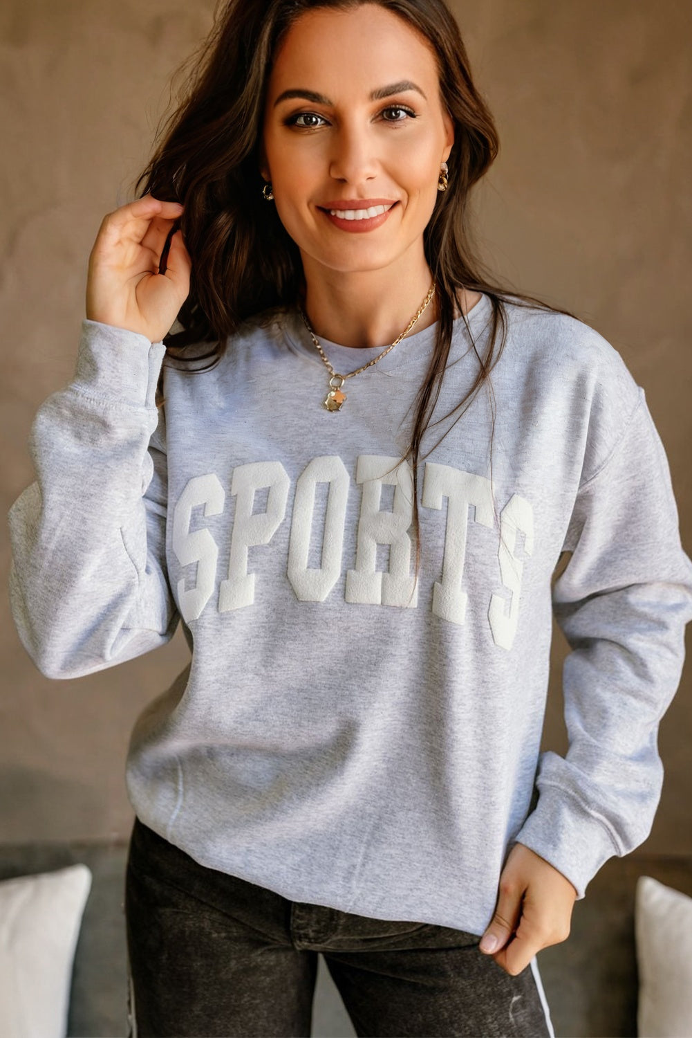 Light Grey FOOTBALL 3D Letter Graphic Crew Neck Sweatshirt