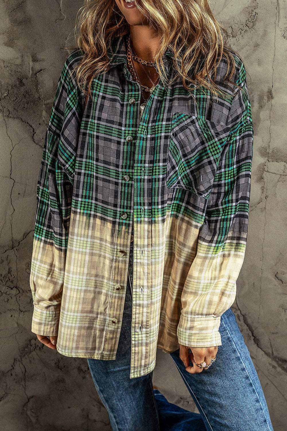Green Plaid Patchwork Button Up Shacket with Chest Pocket