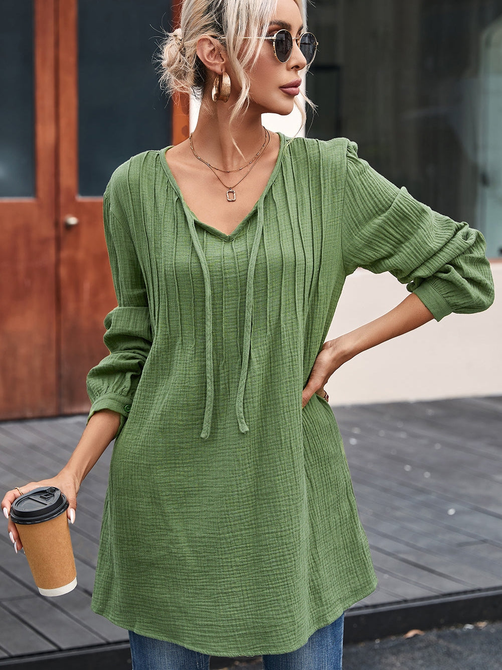 Green Textured V Neck Loose Top with Pleated Details