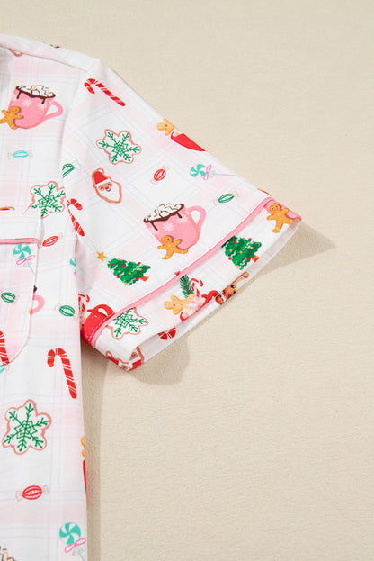 Pink Christmas Spirit Cute Holiday Print Short Sleeve Shirt and Pants 2pcs Pajama Set