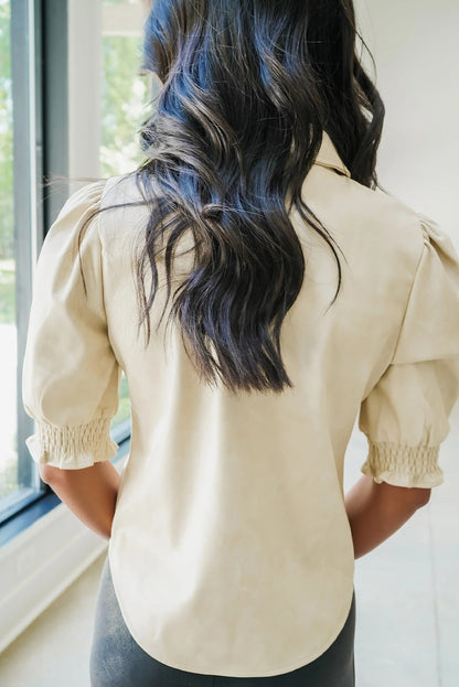 Beige Solid Color Faux Suede Button Down Frilled Short Sleeve Shirt