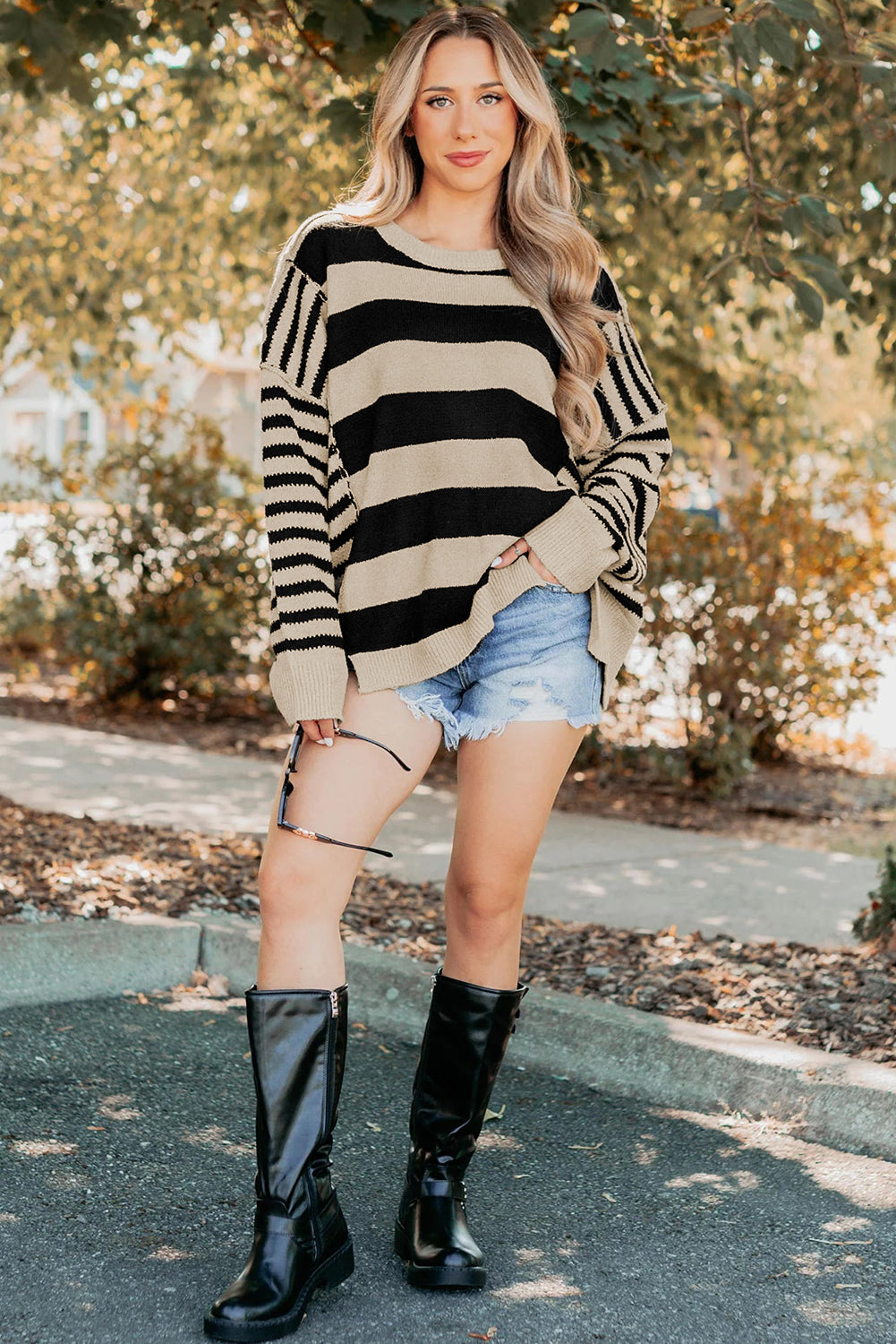 Black Stripe Exposed Seam Drop Shoulder Sleeve Contrast Patchwork Baggy Sweater