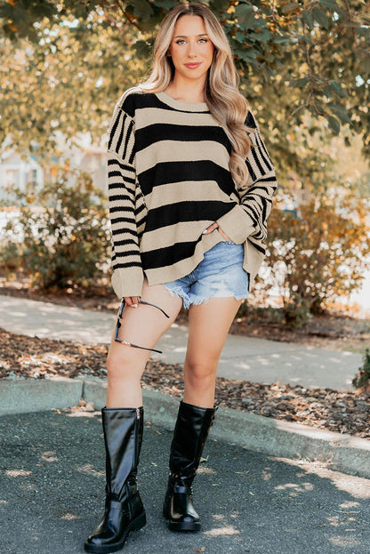 Black Stripe Exposed Seam Drop Shoulder Sleeve Contrast Patchwork Baggy Sweater