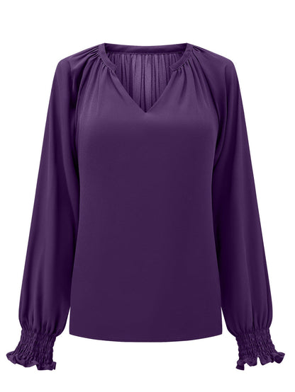 Elegant Purple Pleated V Neck Blouse with Puffy Sleeves