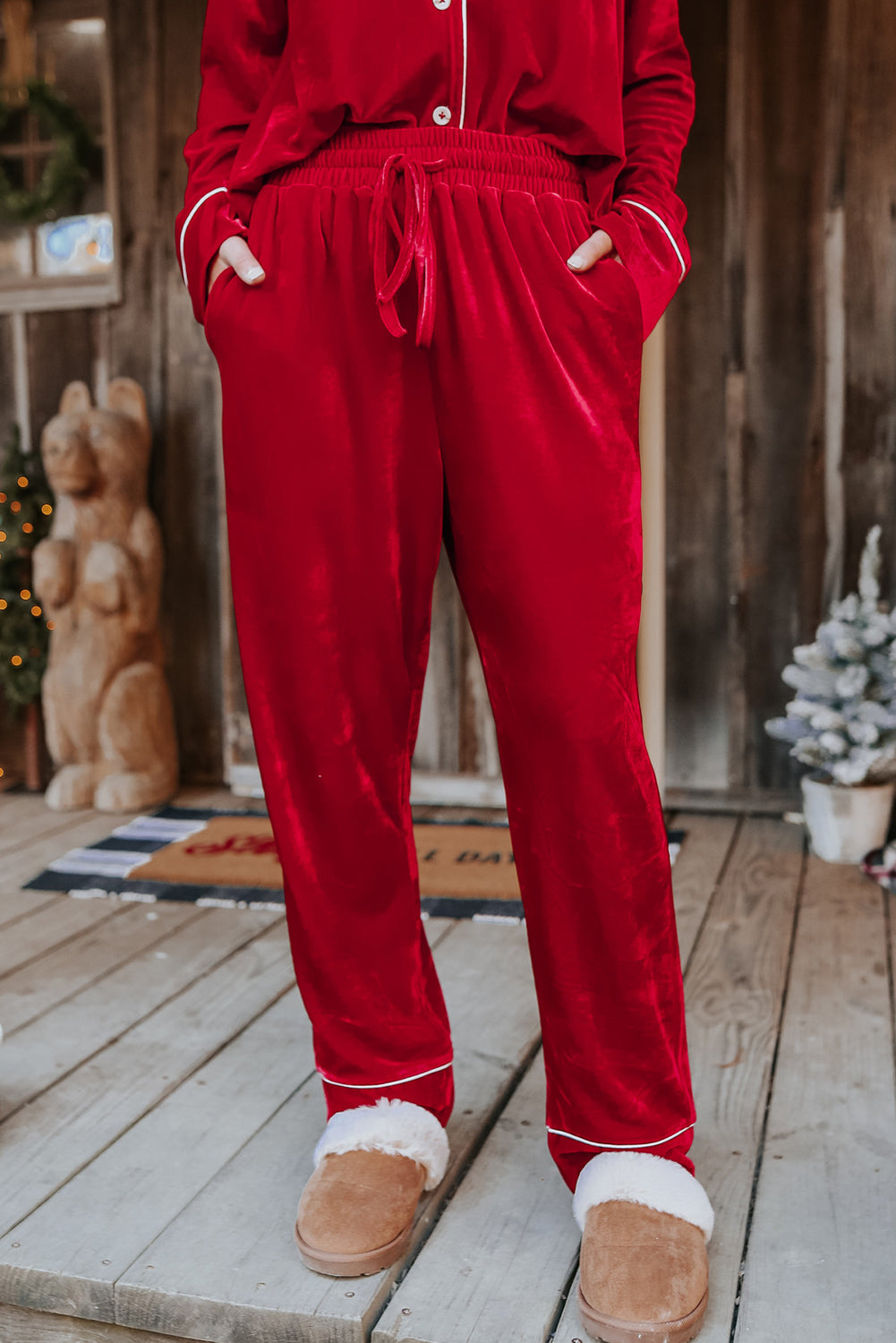 Racing Red Velvet Contrast Piping Trim Long Sleeve Shirt Drawstring Waist Pajama Set