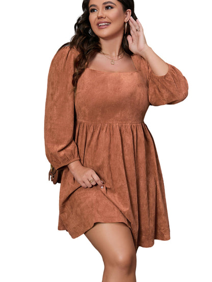 Chestnut Plus Size Suede Square Neck Balloon Sleeve Dress