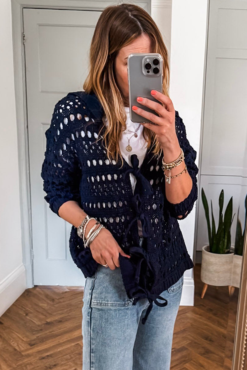 Navy Blue  Crochet Tie Front Cardigan