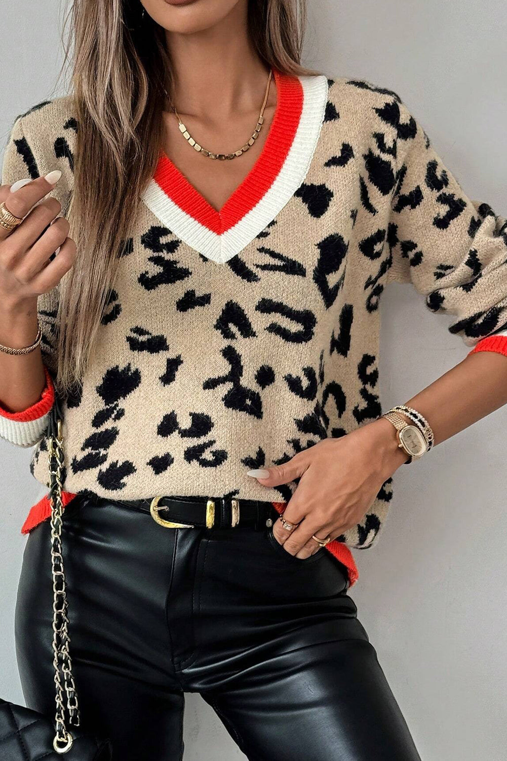 Khaki Leopard Pattern Knit Contrast Striped Trim V Neck Sweater