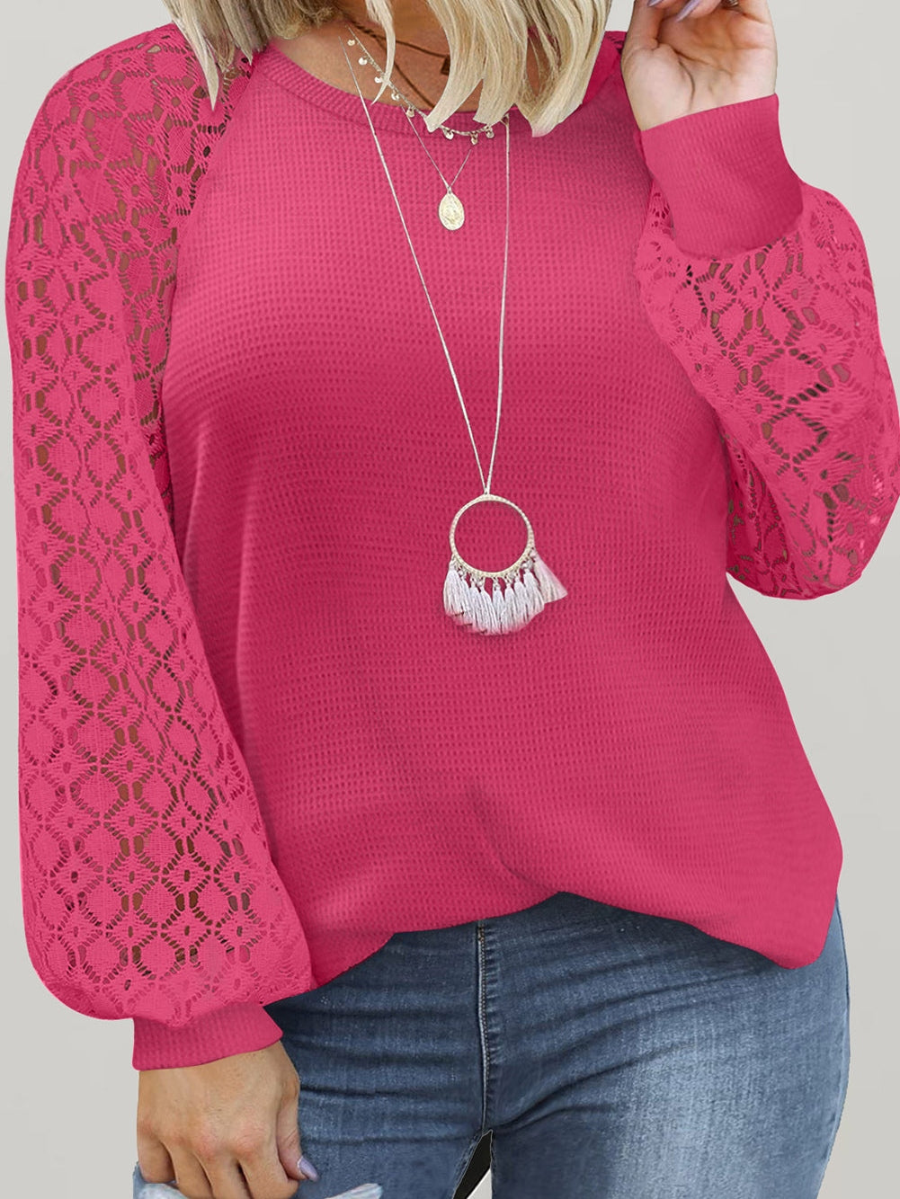 Strawberry Pink Plus Size Contrast Lace Sleeve Waffle Knit Top