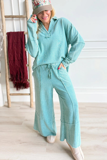 Lapis Mineral Wash Ribbed Patchwork V Neck Pullover Drawstring Pants 2pcs Outfit