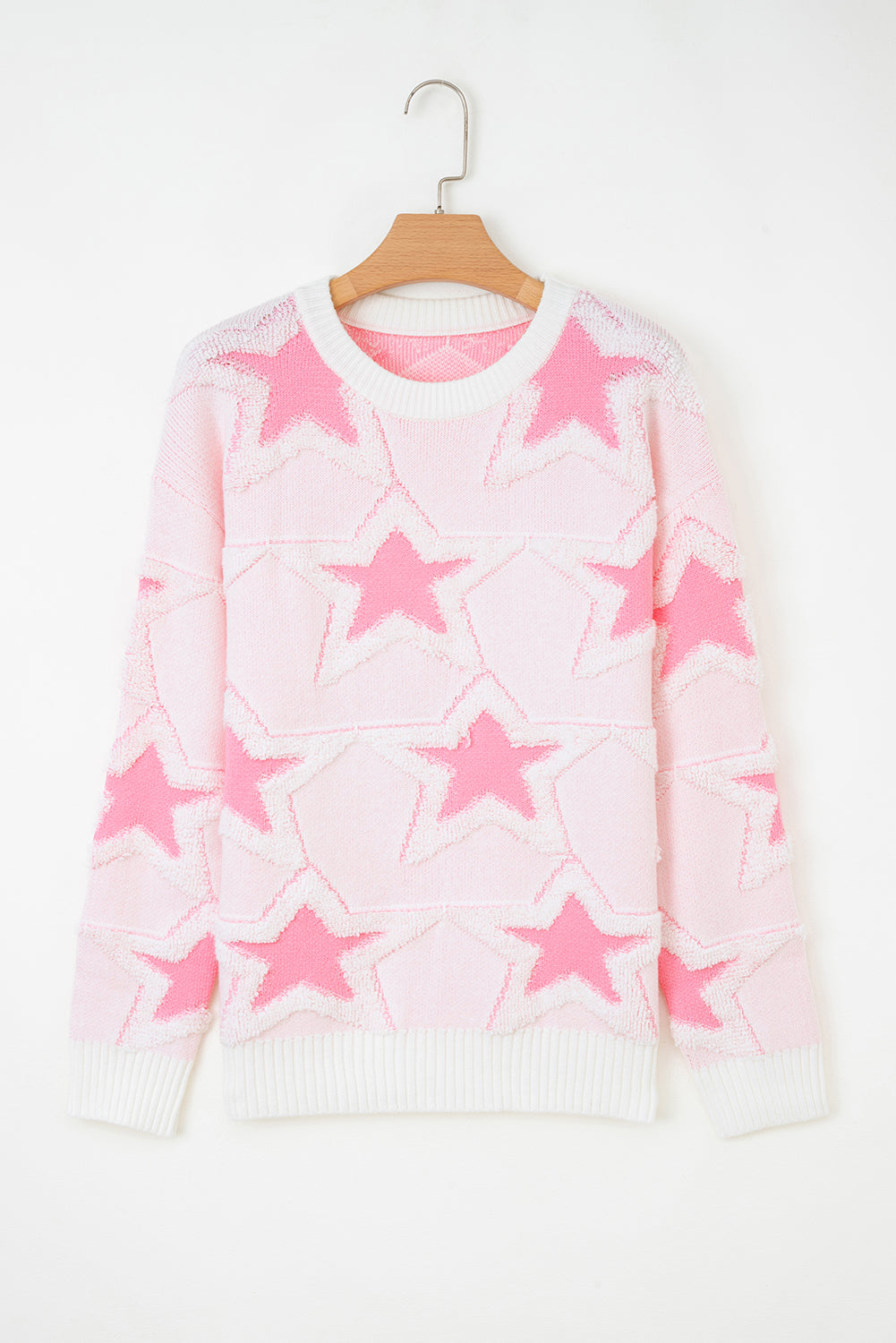 Sachet Pink Oversized Cute Star Pattern Ribbed Edge Drop Shoulder Sweater